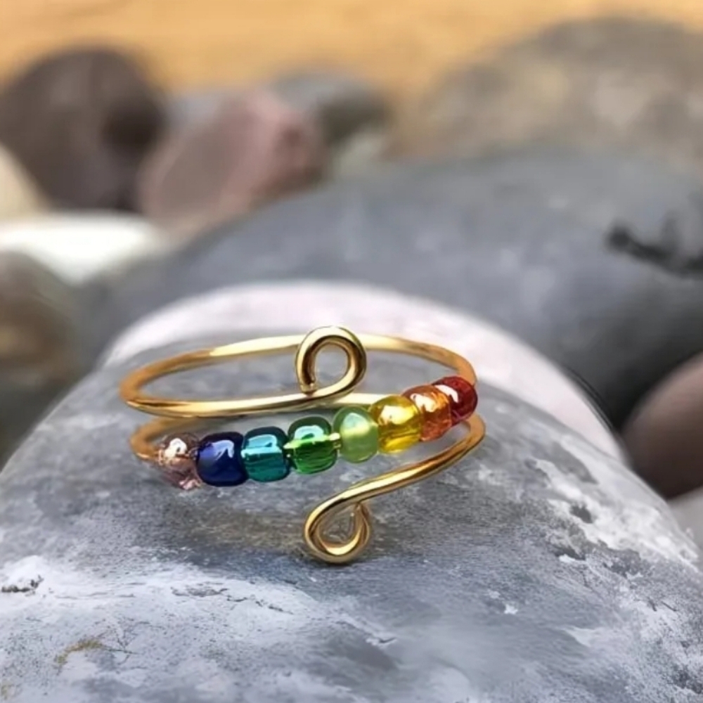 ✨3 FOR $28✨🆕️ 🌈 RAINBOW BEADED ANXIETY RING - GOLD-TONE 🌈